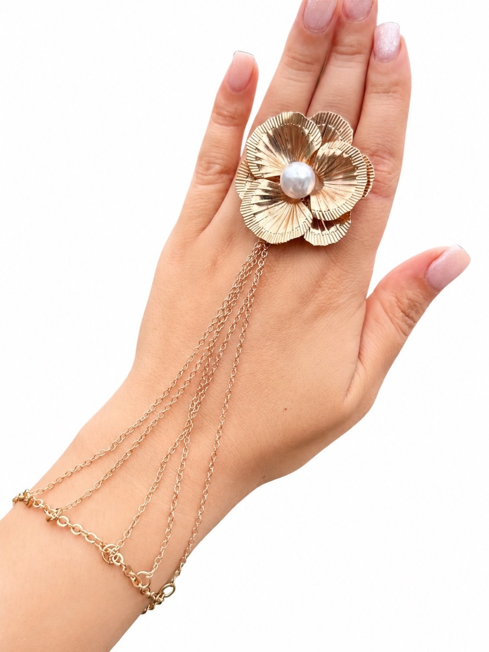 Gold Flower Pearl Hand Chain Bracelet